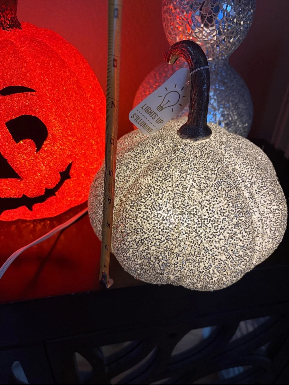 3 Vintage Side Seasons Popcorn Light up Pumpkins and 1 Silver Pumpkin